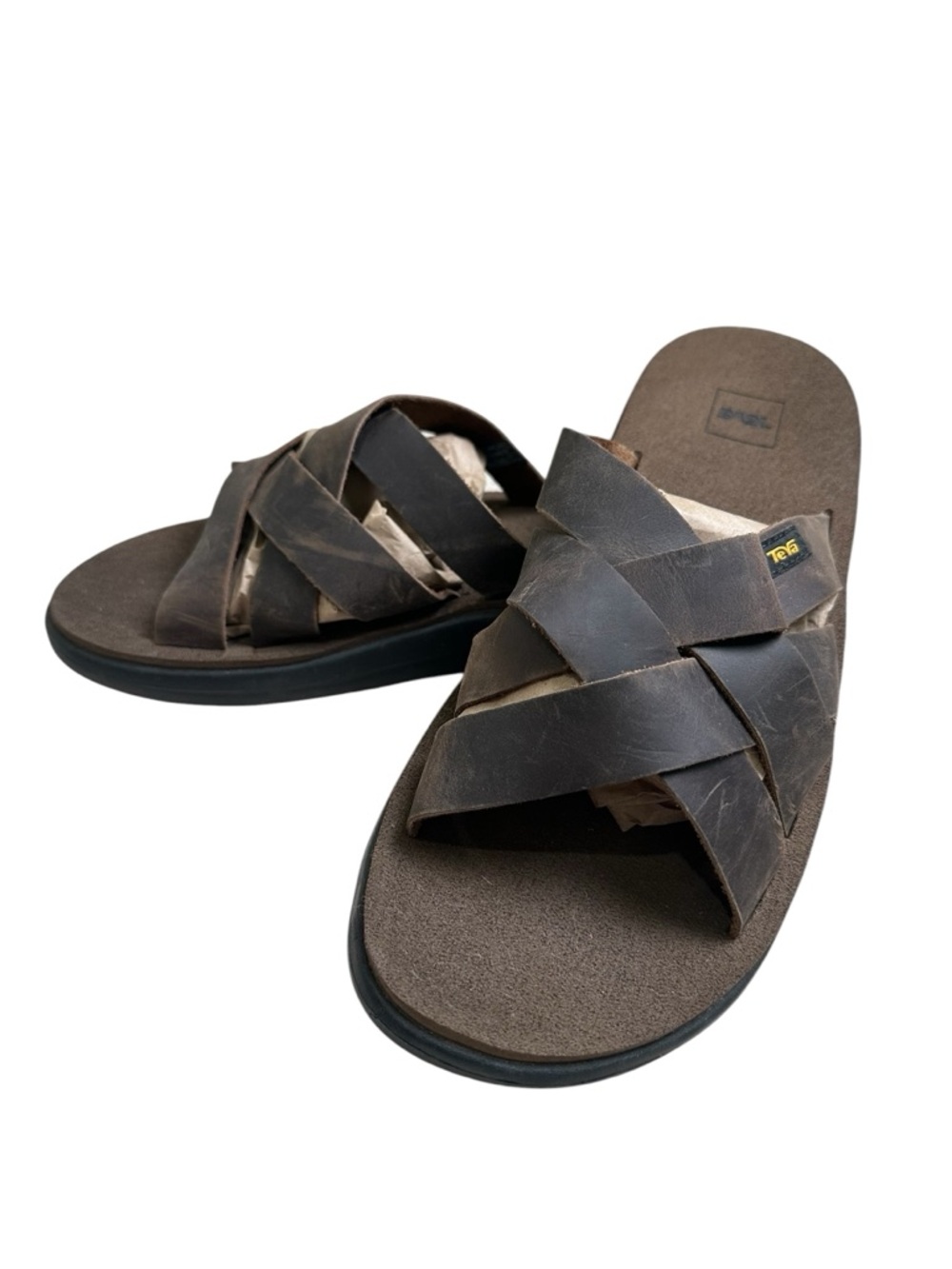 Teva Men’s 11 Voya Brown Leather Crisscross Slide Sandals - Picture 2 of 8